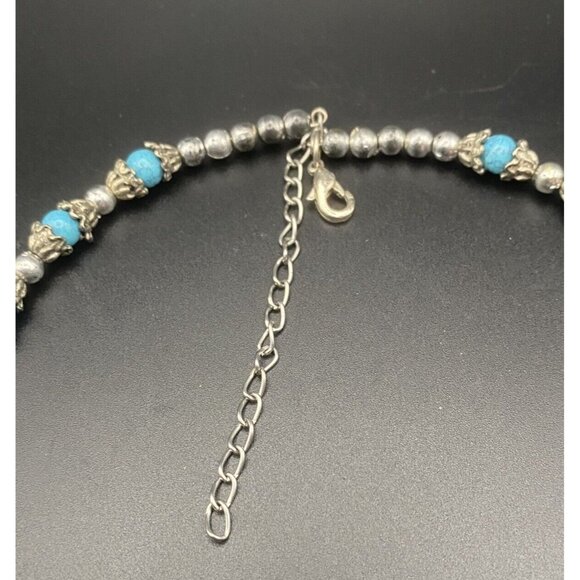 Faux Turquoise Beads Necklace Tibetan Silver Leaves Tribal Lady's Torque 14-17" - Picture 5 of 8